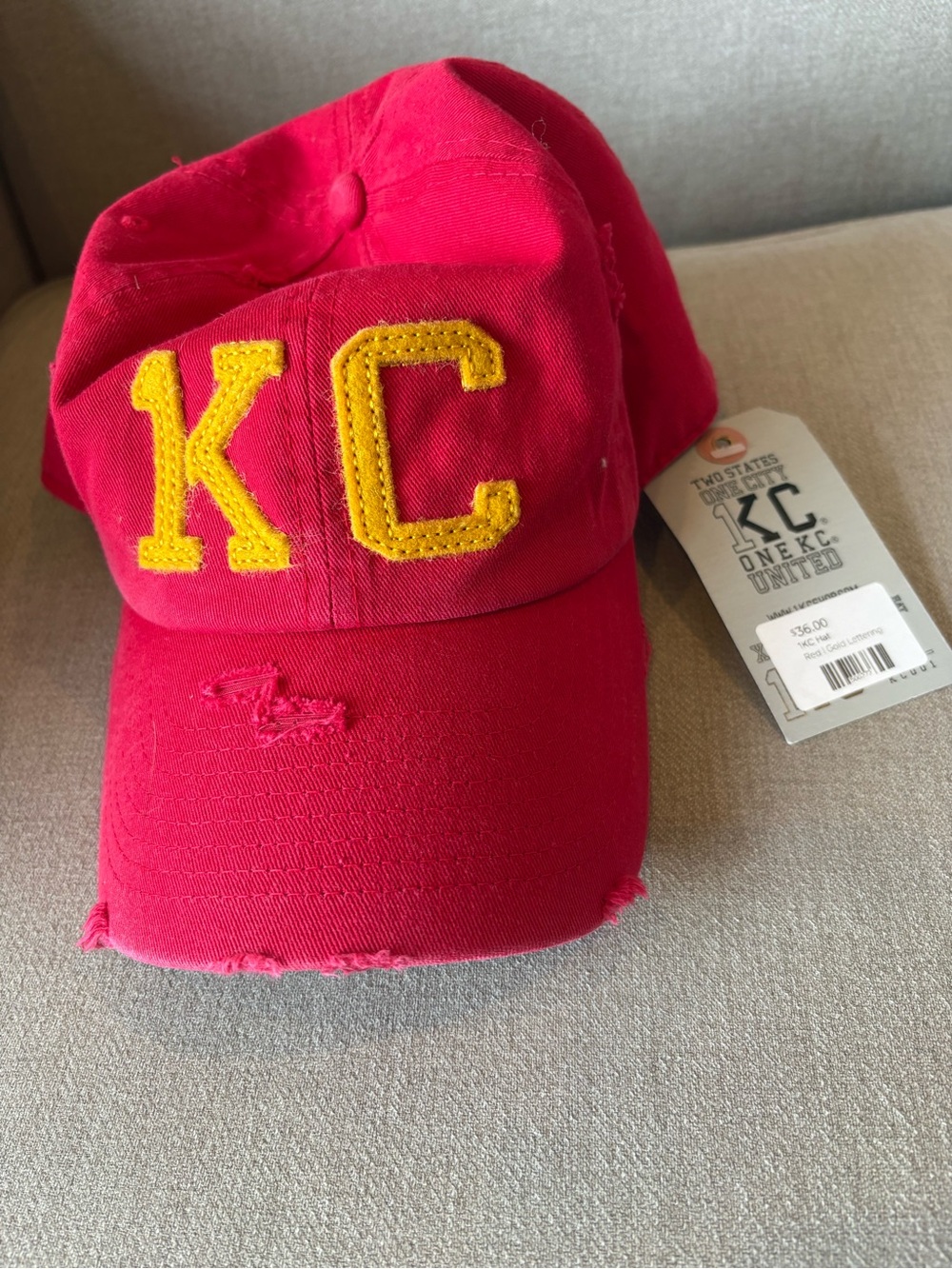 KC Embroidered Red Baseball Cap with Yellow Lettering